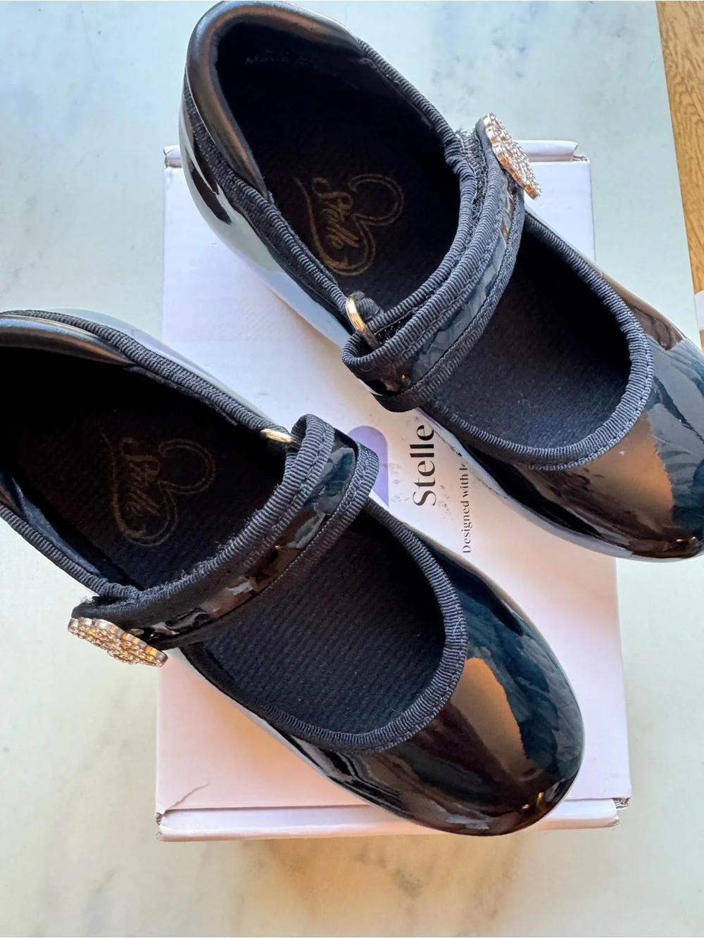 Girls Black Tap Shoes with Rhinestone Flower Buckle